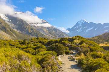 Summertime view of Aoraki Mount Cook National Park, South Island New Zealand