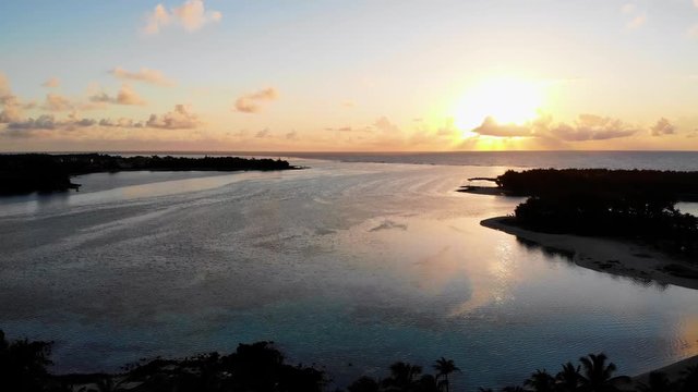 view of a sinrise in Mauritius at the beach drone