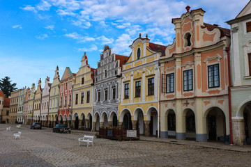 A number of colorful houses under blue sky, Telc, Czech republic