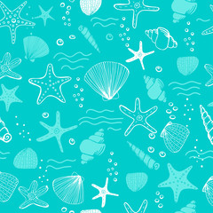 Sea shells, seastars and corals seamless background