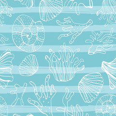 Sea shells, seastars and corals seamless background. Blue  white  pattern for coloring book, textile, print, wallpaper.  life .