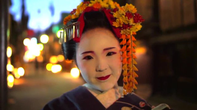 Rare close up of a geisha in Kyoto Japan