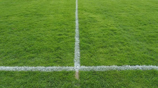 High angle pov view of white side line marked in paint on soccer field. Fresh green grass. Room for copy or text. Handheld shot with stabilized camera.