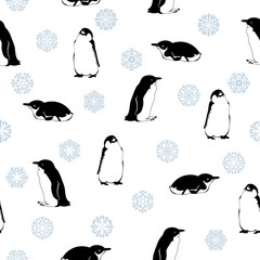penguins and snowflakes. vector seamless pattern. black white and gray color illustration. winter background. textile paint. repetitive background. fabric swatch. wrapping paper.