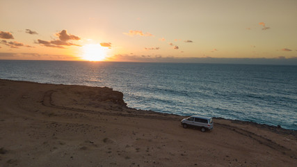 aerial view west coast of Fuerteventura at sunset