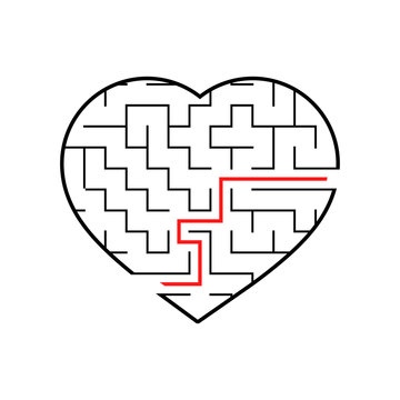 Abstract maze heart. Valentine day. Game for kids. Puzzle for children. One entrance, one exit. Labyrinth conundrum. Flat vector illustration isolated on white background. With answer.
