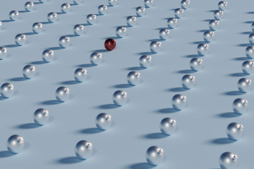 Obraz premium line of shiny christmas balls repeating with interrupting red ball