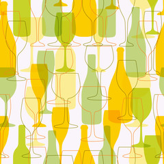 Seamless background with wine bottles and glasses. Bright colors  pattern for web, poster, textile, print  other design