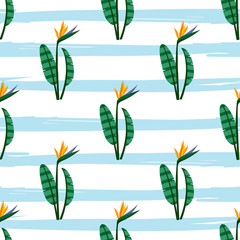 Vector bird of the paradise flowers seamless pattern.