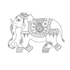 Vector illustration of elephant in ethnic style. Indian  decorated ornate .