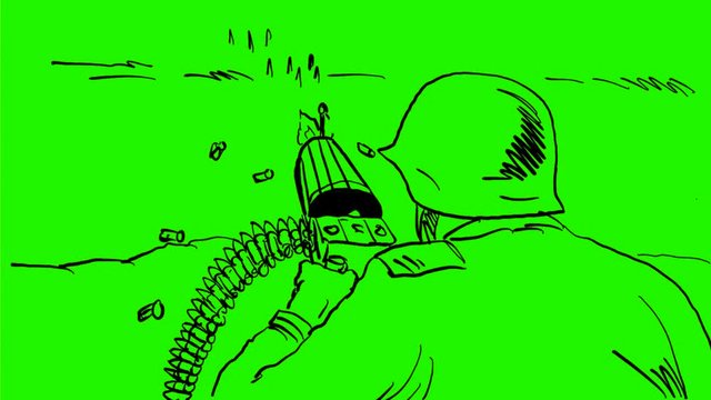 2d Animation motion graphics showing a drawing of a World War two German soldier firing a machine gun viewed from rear on white and green screen with alpha matte in HD high definition.