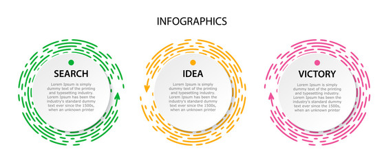 Collection Circle infographic for the presentation. Bright pink, green, yellow dotted line under white page of paper. Template for diagram. Vector illustration on white background.