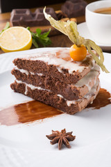Slice of chocolate cake served with cupt tea and mint