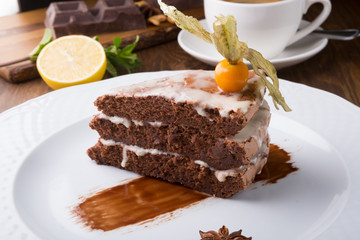 Slice of chocolate cake served with cupt tea and mint