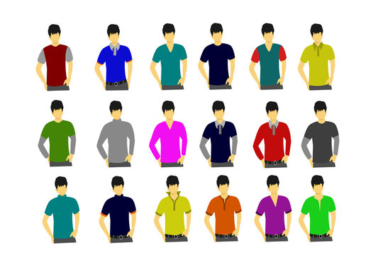 Collection of T-shirts on the male model on white background