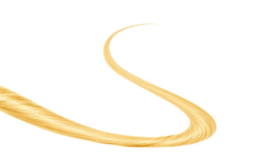 Thin curl of blond hair isolated on white background. Top-down view
