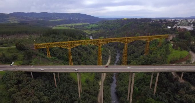 aerial view in Collipulli where the Malleco viaduct is located. Two bridges the railway line and route 5 that connects a large part of the territory of Chile