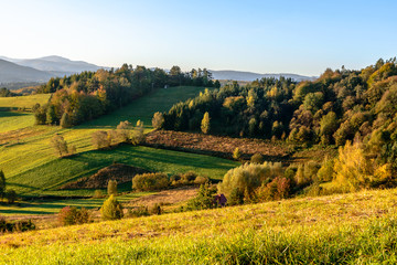 Fototapeta premium Polanczyk, Bieszczady mountains, Poland - views during sunrise on Solina Lake from hill near Polanczyk town (south-east region in Poland)