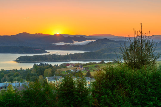 Polanczyk, Bieszczady mountains, Poland - views during sunrise on Solina Lake from hill near Polanczyk town (south-east region in Poland)