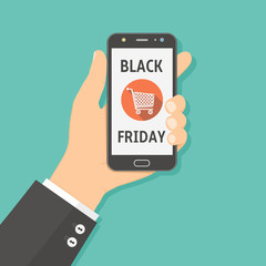 Black friday sale. Hand holding smartphone with Black friday sale on screen.