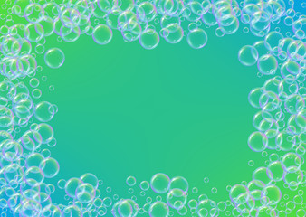 Fototapeta na wymiar Detergent foam. Soap bath bubble and suds for bathtub. Shampoo. Bright fizz and splash. Realistic water frame and border. 3d vector illustration template. Green colorful liquid detergent foam