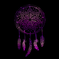 Abstract glowing dreamcatcher in blue and pink colors. Luminescence vector illustration. Boho style background, ethnic design element for flyers, tshirts, clothing, print  web