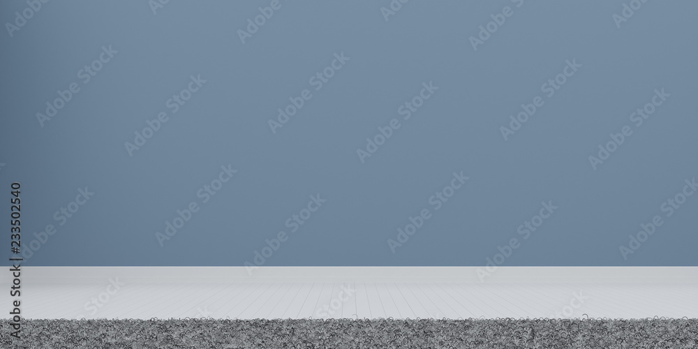 Aufkleber Stimulate image of white and blue empty room with laminate wood floor with light gray carpet on the floor.,Perspective of minimal design architecture. 3D rendering.