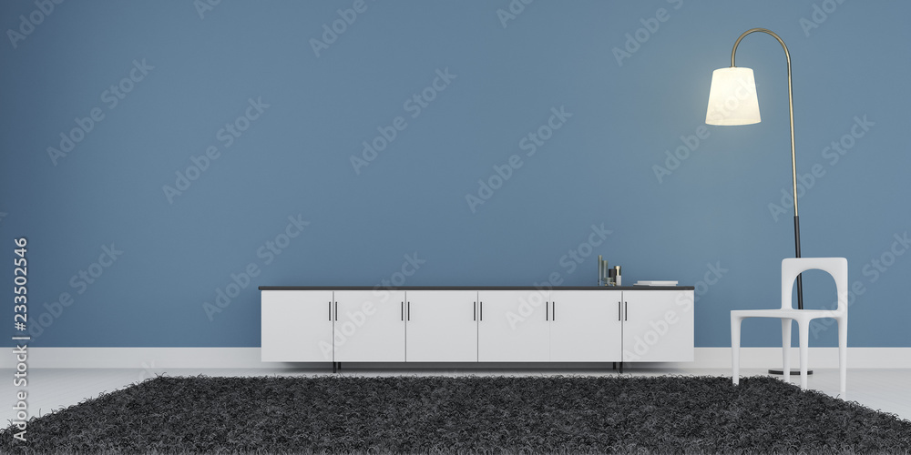 Poster View of empty room space with furniture on laminate floor.Perspective of minimal design architecture.Sunlight cast shadow on the wall. 3d rendering.