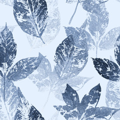 Blue leaf seamless pattern on blue background. Leaf print with gold acrylic paint. Holiday decoration in style grunge.