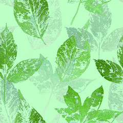 Green leaf seamless pattern on green background. Leaf print with gold acrylic paint. Holiday decoration in style grunge.