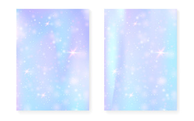 Rainbow background with kawaii princess gradient. Magic unicorn hologram. Holographic fairy set. Bright fantasy cover. Rainbow background with sparkles and stars for cute girl party invitation.