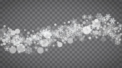 Winter frame with white snowflakes for Christmas and New Year celebration. Horizontal winter frame on transparent background  for banners, gift coupons, vouchers, ads, party events. Falling snow