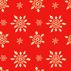 Naklejka na ściany i meble Christmas vector seamless pattern different size gold and white silhouettes of snowflake on a bright red background for bedding, textile, wallpaper, wrapping, cover page, web site, card.