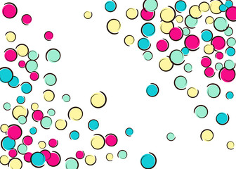 Polka dot frame with comic pop art confetti. Big colored spots, spirals and circles on white. Vector illustration. Creative childish splash for birthday party. Rainbow polka dot frame. © Holo Art