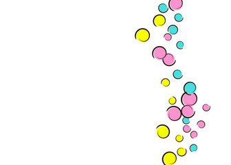 Comic background with pop art polka dot confetti. Big colored spots, spirals and circles on white. Vector illustration. Hipster childish splash for birthday party. Rainbow comic background.
