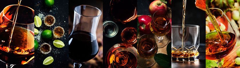 Photo collage, strong alcoholic drinks: cognac, vinsky and brandy, tequila and vodka, grappa, liquor. Close-up. - obrazy, fototapety, plakaty