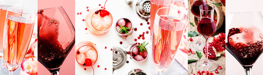 Red and pink alcoholic beverages, wine, champagne and liqueurs, berry and fruit cocktails. Photo collage