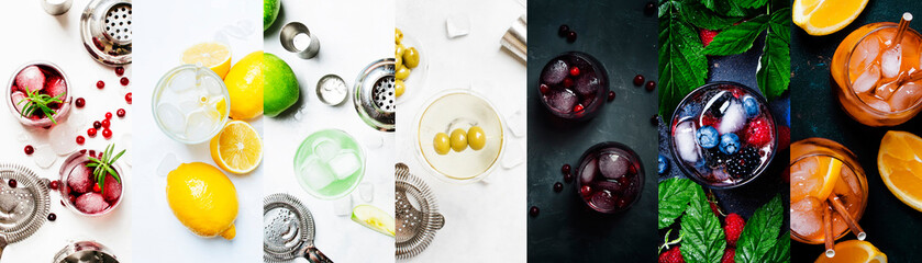 Alcoholic cocktails in assrtment. Top view, flat lay. Photo collage