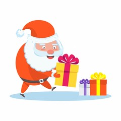 Funny happy Santa Claus character brings and folds presents to children. Celebration of Merry Christmas and New Year. For Holiday Greeting cards, banners, tags and labels.