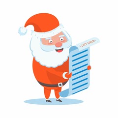 Funny happy Santa Claus character reads the list of wishes and gifts. Celebration of Merry Christmas and New Year. For Holiday Greeting cards, banners, tags and labels.