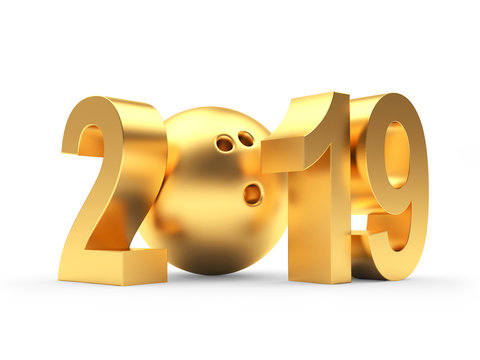 Golden 2019 New Year and bowling ball. 3D illustration