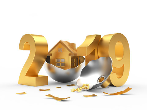 2019 Real Estate Concept. Golden 2019 New Year And Broken Christmas Ball With House Icon Isolated On White Background. 3D Illustration 