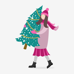 Happy girl carries the Christmas tree. Preparing for the New Year and Christmas. Flat illustration for design.