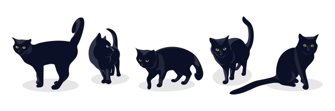 Black cat in different poses, isolated on white background. Set of silhouettes of a black cat