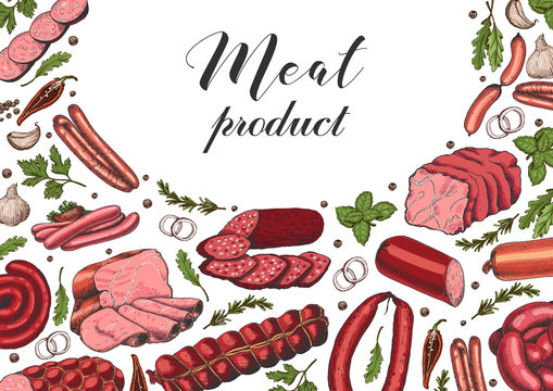 Horizontal background with different color meat products in sketch style. Sausages, ham, bacon, lard, salami