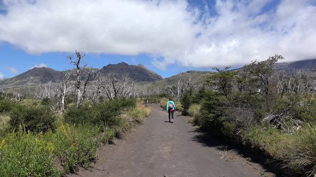 Tourist girl on the hiking trail to the  Lanin volcano. Lanin NP, Patagonia, Neuquen, Argentina