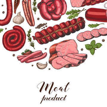 Vector background with different color meat products in sketch style. Sausages, ham, bacon, lard, salami