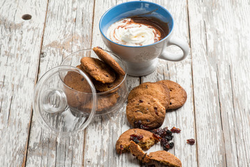 hot chocolate with whipped cream and blueberry cookies
