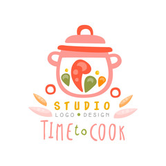 Time to cook studio logo design, kitchen emblem can be used for culinary class, course, school hand drawn vector Illustration
