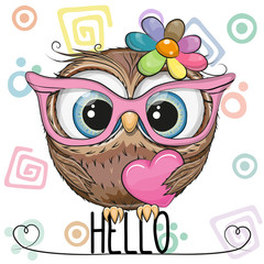 Naklejka premium Cute Owl in a pink glasses with heart
